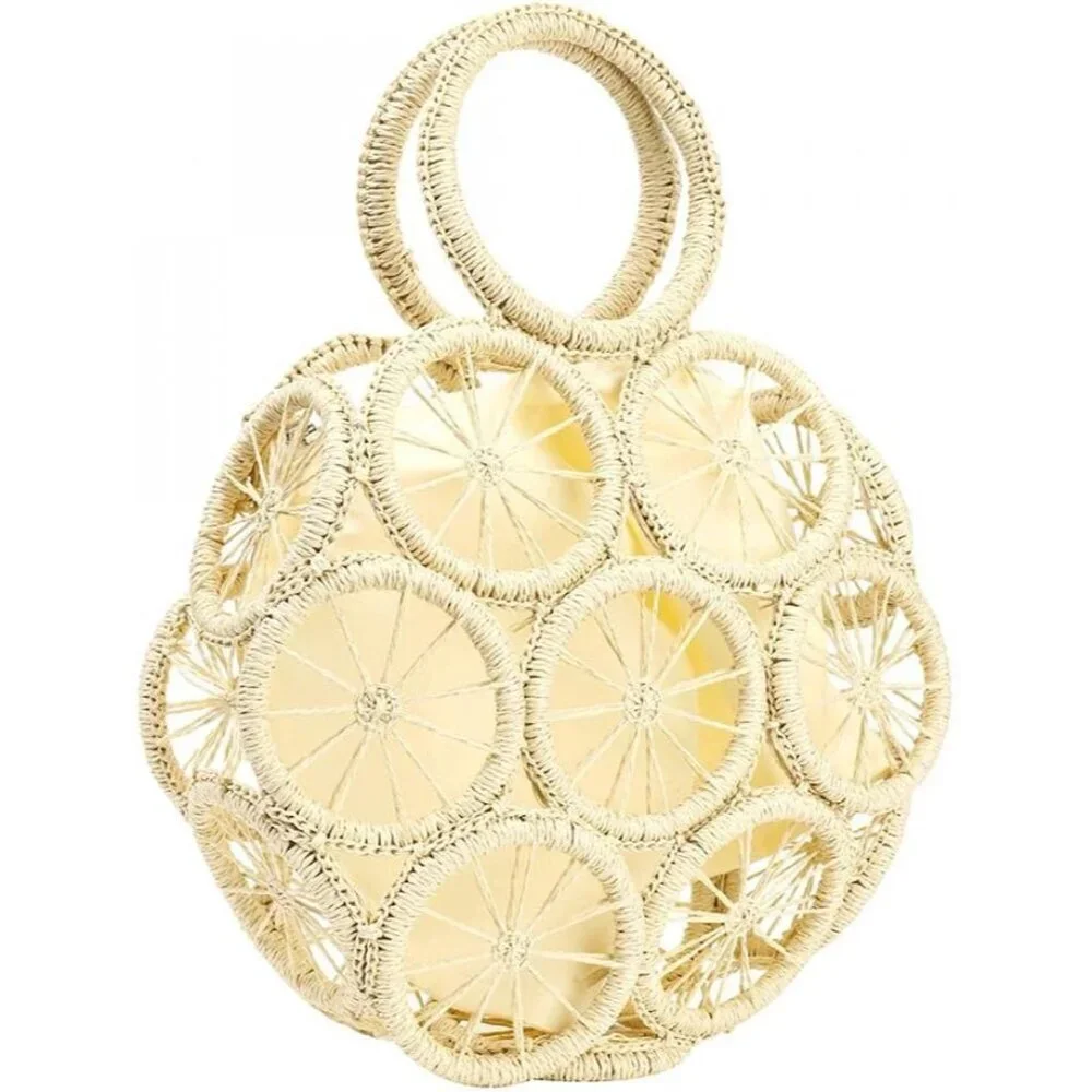 Women Straw Shoulder Bag Large Capacity Beach Tote Lemon Pattern Cotton Polyeste